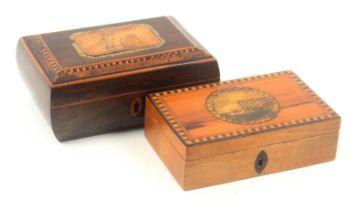 Two small early Tunbridge ware print decorated and inlaid boxes attributed to Wise, the first in