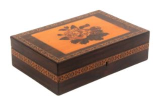 A Tunbridge ware rosewood box, of rectangular form, the sides with a narrow band of geometric