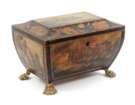 An unusual sewing box probably relating to the early Tunbridge trade, of sarcophagol form, raised on