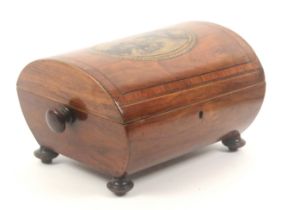 An early Tunbridge ware rosewood, print decorated and inlaid sewing box of near oval section, raised