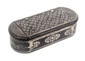 A papier mache snuff box of rounded end rectangular form, the lid and sides inlaid in silver in