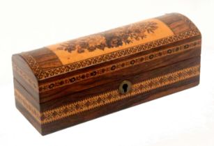A Tunbridge ware rosewood dome top box with Liverpool retailers label, the sides with a broad and
