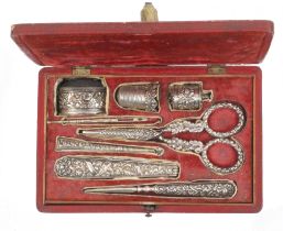 A good example of an English eight piece silver sewing set attributable to Joseph Taylor (1767-