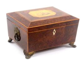 An early Tunbridge ware print decorated and inlaid burr yew wood sewing box of sarcophagol form,