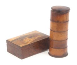 A sycamore five division cylinder spice tower, part of rim to screw top missing, 7.8cms dia., 18.