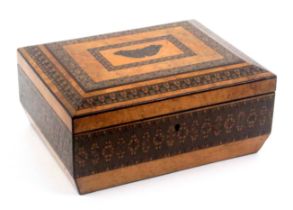 A Tunbridge ware burr maple sewing box, of sarcophagol form, the sides with a broad band of stick