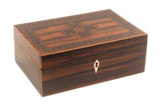 A Tunbridge ware rosewood box, of rectangular form with diamond ivory escutcheon and boxwood line