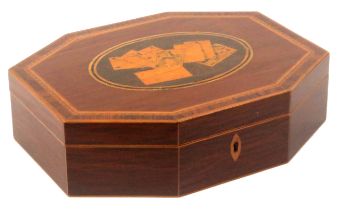 An early Tunbridge ware inlaid harewood card box, of elongated octagonal form, edged in boxwood, the