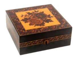 A Tunbridge ware ebony handkerchief box of square form, probably Thomas Barton, the sides with a