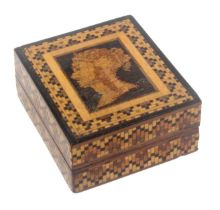 A Tunbridge ware stamp box, the sides in geometric mosaic, the lid with fine mosaic panel of Q.V.