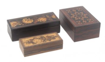 Three small Tunbridge ware rectangular rosewood boxes, comprising an example with floral mosaic lid,