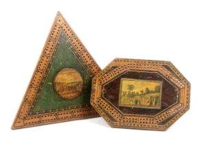 Two early Tunbridge ware paint and print decorated whitewood cribbage boards, one of elongated