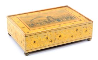 An attractive early Tunbridge ware paint and print decorated sewing box, of rectangular form