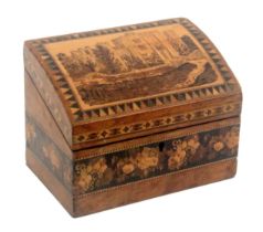 A Tunbridge ware figured ash stationery box, the sides with a broad band of floral mosaic and