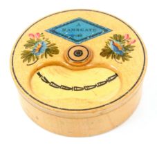 A rare early Tunbridge ware whitewood print and paint decorated cashew box of circular form, the