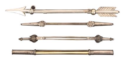 Four continental silver knitting needle cases, comprising a cylinder form example and three slider