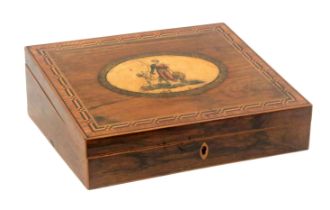 An early Tunbridge ware rosewood slant top box, of rectangular form, edged in boxwood, the lid