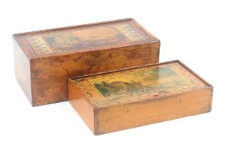 Two early Tunbridge ware whitewood boxes, both rectangular, comprising an example with pin hinge lid