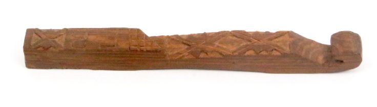 A carved oak knitting stick, late 19th Century, scroll end, carved and initialled 'FB', 17cms.