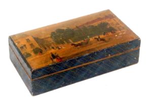 An unusual print and paint decorated small pine writing box of rectangular form, the cushion lid