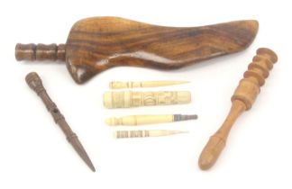 A knitting stick, a knitting sheath and five various tools, comprising a continental hardwood