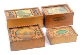 Four early Tunbridge ware whitewood rectangular boxes, all with sliding lids comprising an example