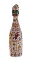 A beadwork covered bottle, Greek, dated 1897 probably commemorating a wedding, with a variety of
