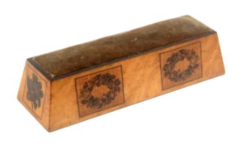 A Tunbridge ware burr maple table pin cushion labelled for William Upton, of rectangular form, the