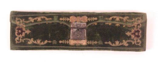 A gilt and blind tooled green velvet netting case with etched steel catch, the pink silk interior