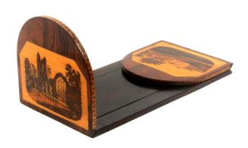 A good Tunbridge ware rosewood book slide, with curved top hinged ends, one with inset mosaic view