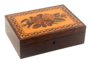 A Tunbridge ware rosewood box, of rectangular form, the lid with inset floral mosaic within a