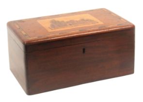 A mahogany box, the lid with a Tunbridge ware inset mosaic panel of Eridge Castle, within a border