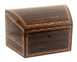 An unusual Tunbridge ware coromandel wood stationery box labelled for Thomas Barton, of rhomboid