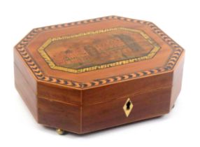 An early Tunbridge ware pale mahogany print decorated and inlaid small sewing box attributed to