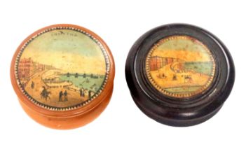 Two early Tunbridge ware circular print decorated boxes, comprising an unusual turned rosewood