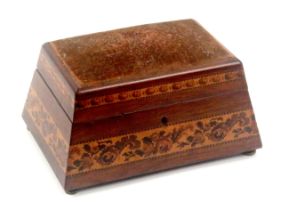 A Tunbridge ware box form pin cushion labelled for Edmund Nye, of rectangular tapering form raised