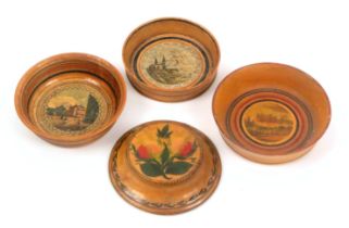 Three early Tunbridge ware whitewood counter bowls and a paper weight, comprising an example with