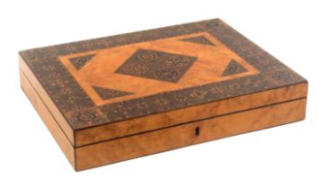 A Tunbridge ware burr maple rectangular box, of shallow form, the lid with central diamond panel