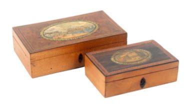 Two small early Tunbridge ware whitewood print decorated and inlaid rectangular boxes attributed