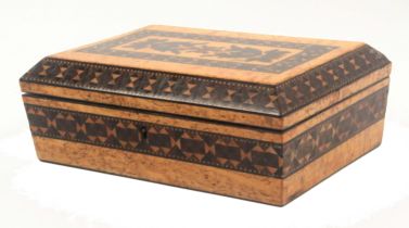 A Tunbridge ware golden pollarded oak rectangular box of sarcophagol form, the sides with a band
