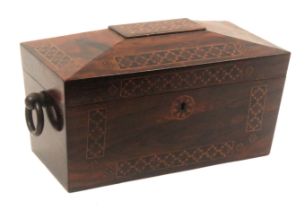 A Tunbridge ware rosewood tea caddy, of sarcophagol form, the front and lid with rectangular and