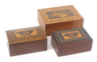 Three small Tunbridge ware boxes by or attributed to TWM Co Ltd., one with domed lid and mosaic