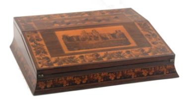 A Tunbridge ware rosewood writing slope, the concave sides with a band of floral mosaic missing, (