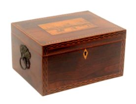 An early Tunbridge ware print decorated and inlaid rosewood rectangular sewing box, the sides with