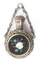 An Italian 19th Century glass scent bottle in pietra dura mounted case, the case in plated metal,