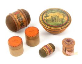 Six pieces of early Tunbridge ware - sewing, comprising a suspension pin cushion, the domed