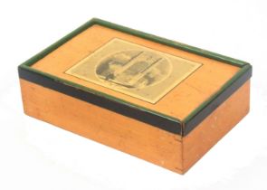 An early Tunbridge ware whitewood, paint and print decorated small writing box of rectangular