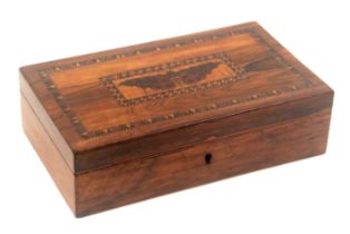 A Tunbridge ware rosewood card box, of rectangular form, the lid with central mosaic panel of a moth