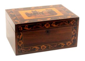 A Tunbridge ware rosewood sewing box, of rectangular form, the front with a band of floral and