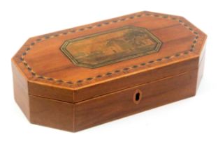 An early Tunbridge ware printed decorated and inlaid pale mahogany card box by Wise, of elongated